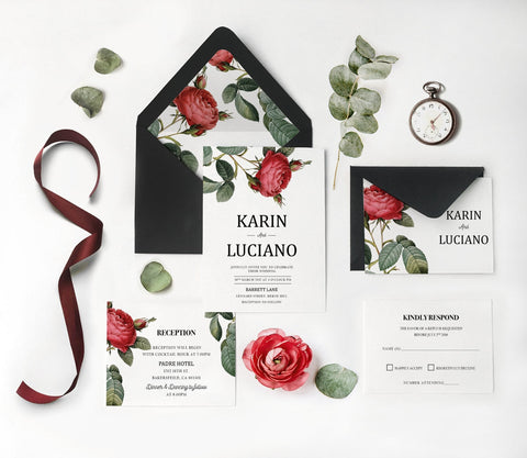 Burgundy Wedding Invitations | Roses Invitation | Sweet Dates Prints