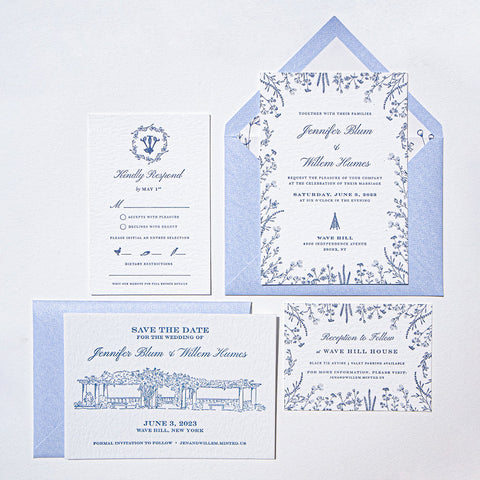 Blue Letterpress Wedding Invitation with Pocket Folder 92