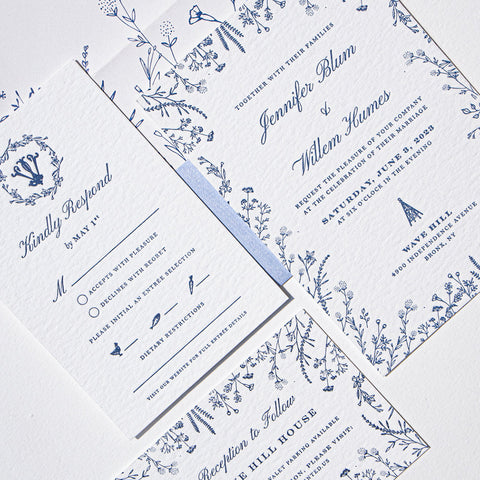 Blue Letterpress Wedding Invitation with Pocket Folder 93