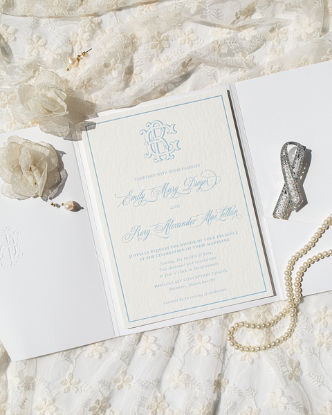 Classic Coastal Letterpress Wedding Invitation with Pocket Folder 90