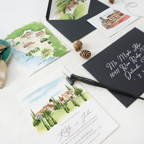 Custom Illustration Destination Wedding Invite, Illustrated Watercolor Hand Drawn Venue Invitation 65, Custom Wedding Invitation | Illustration Invite | Sweet Dates Prints