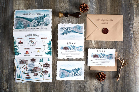 Wintery Rustic Trifold Custom Watercolor Wedding Invite