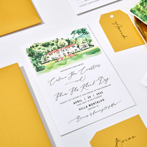 Bespoke Hand Painted Wedding Invitation Suites features Venue Illustration, Watercolor Wedding Invitation | Bespoke Invitation| Sweet Dates Prints