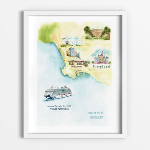 Custom Watercolor Travel Wedding Map, Destination Wedding Map 7 landmarks - Best Wedding Map | Custom Watercolor Wedding Map | Sweet Dates Prints
