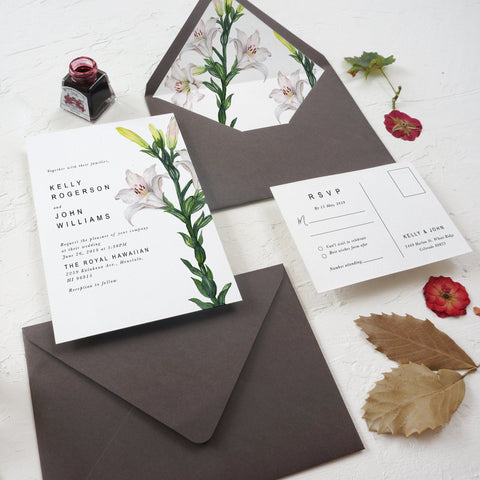 White Wedding Invitation | Lily Wedding Invitation| Sweet Dates Prints