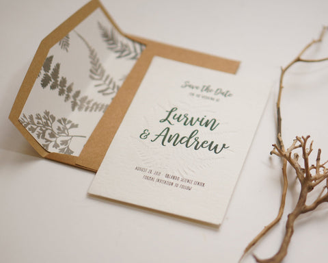 Letterpress Forest Fern Leaves Save The Dates Cards - Traditional Wedding Invitation | Letterpress Cards| Sweet Dates Prints