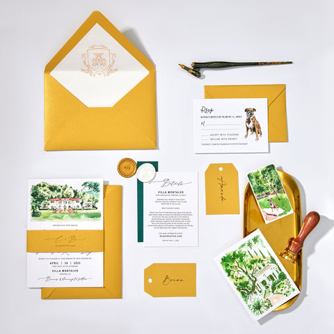 Bespoke Hand Painted Wedding Invitation Suites features Venue Illustration, Watercolor Wedding Invitation | Bespoke Invitation| Sweet Dates Prints